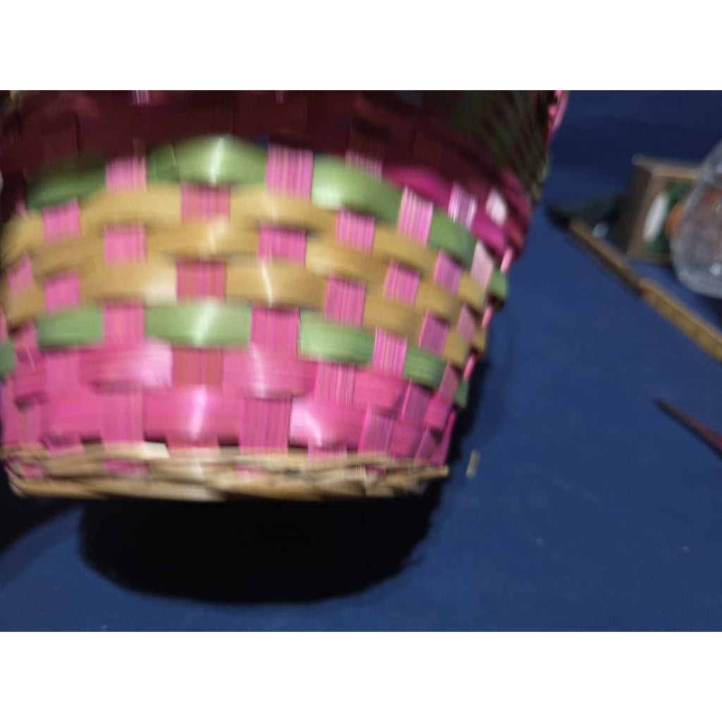 Vintage Large Easter Basket Handle Weaved Wicker Mexico Hand Woven Pink Green
