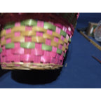 Vintage Large Easter Basket Handle Weaved Wicker Mexico Hand Woven Pink Green