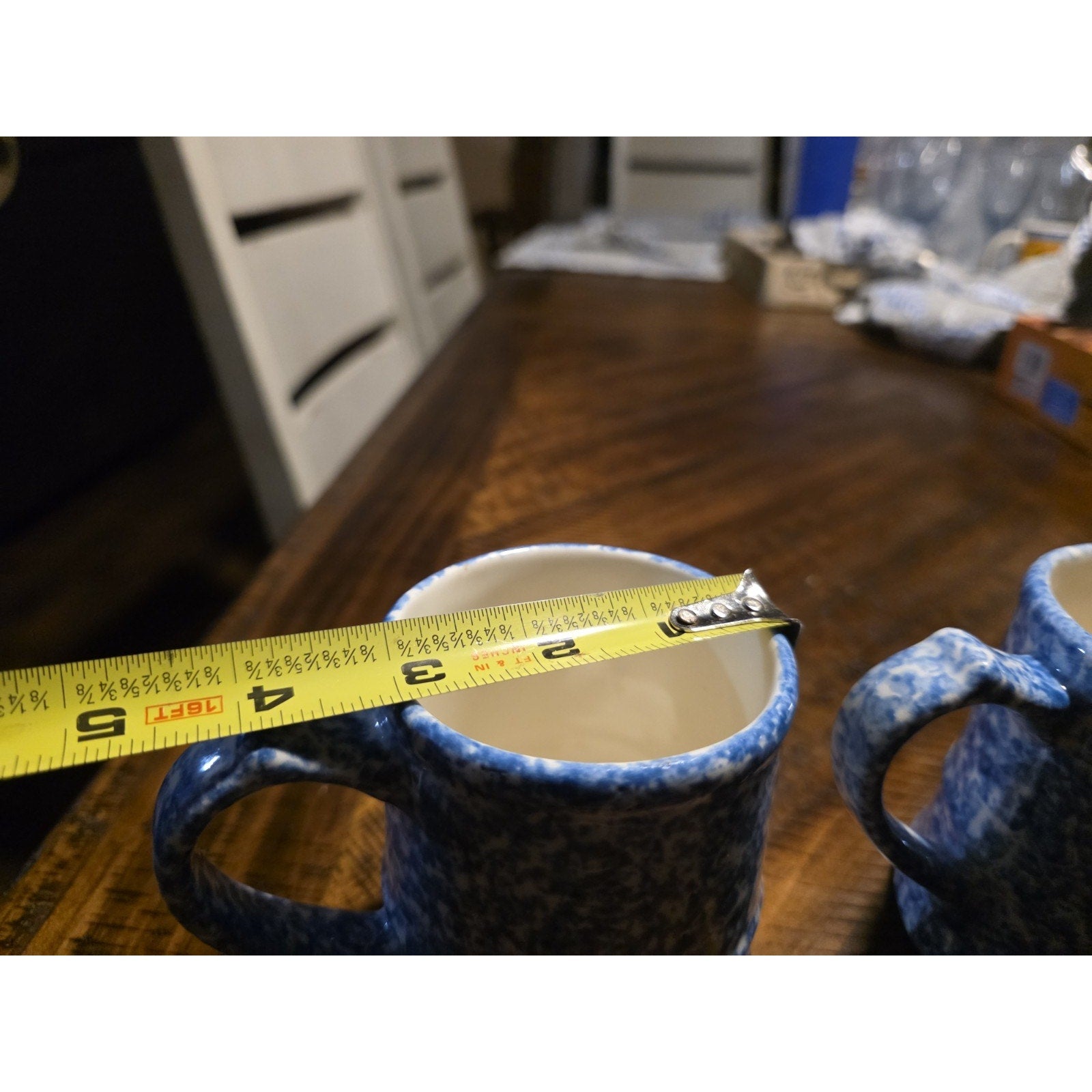 Vintage Pair Blue Spongeware Bamboo Handle Coffee Mug Stoneware Bird Maker Mark