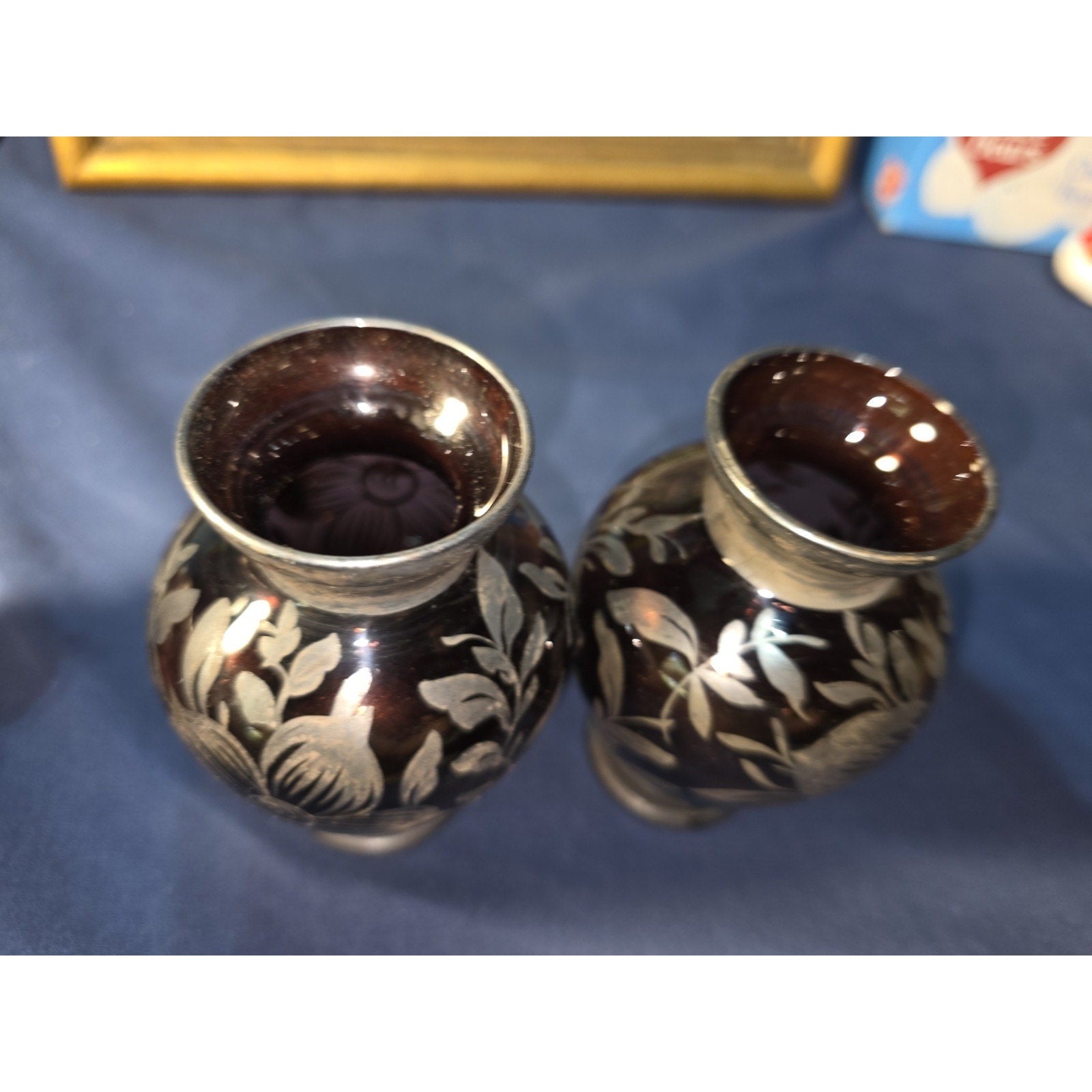 Amethyst Glass Vases Silver Overlay Floral Design Art Deco Set of 2 4.25" EUC
