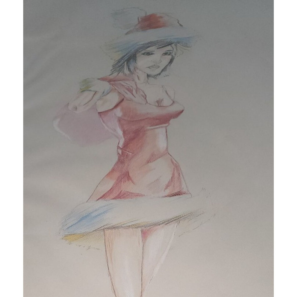 Original Art Colored Pencil Ske Woman Santa Artist Unknown. 18x24