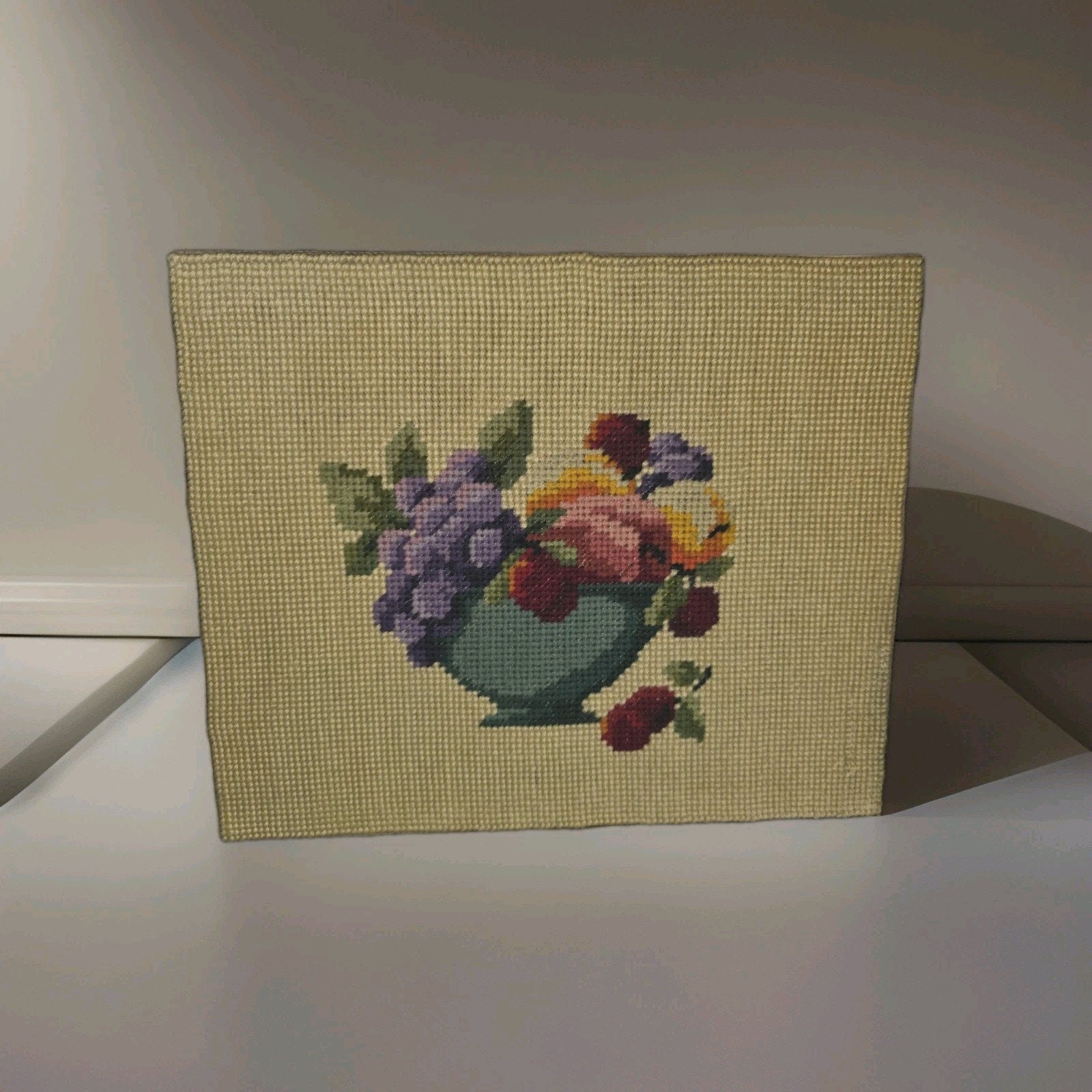 Vtg Needlepoint Fruit Bowl Floral Still Life Finished Hand Embroidered UNFRAMED