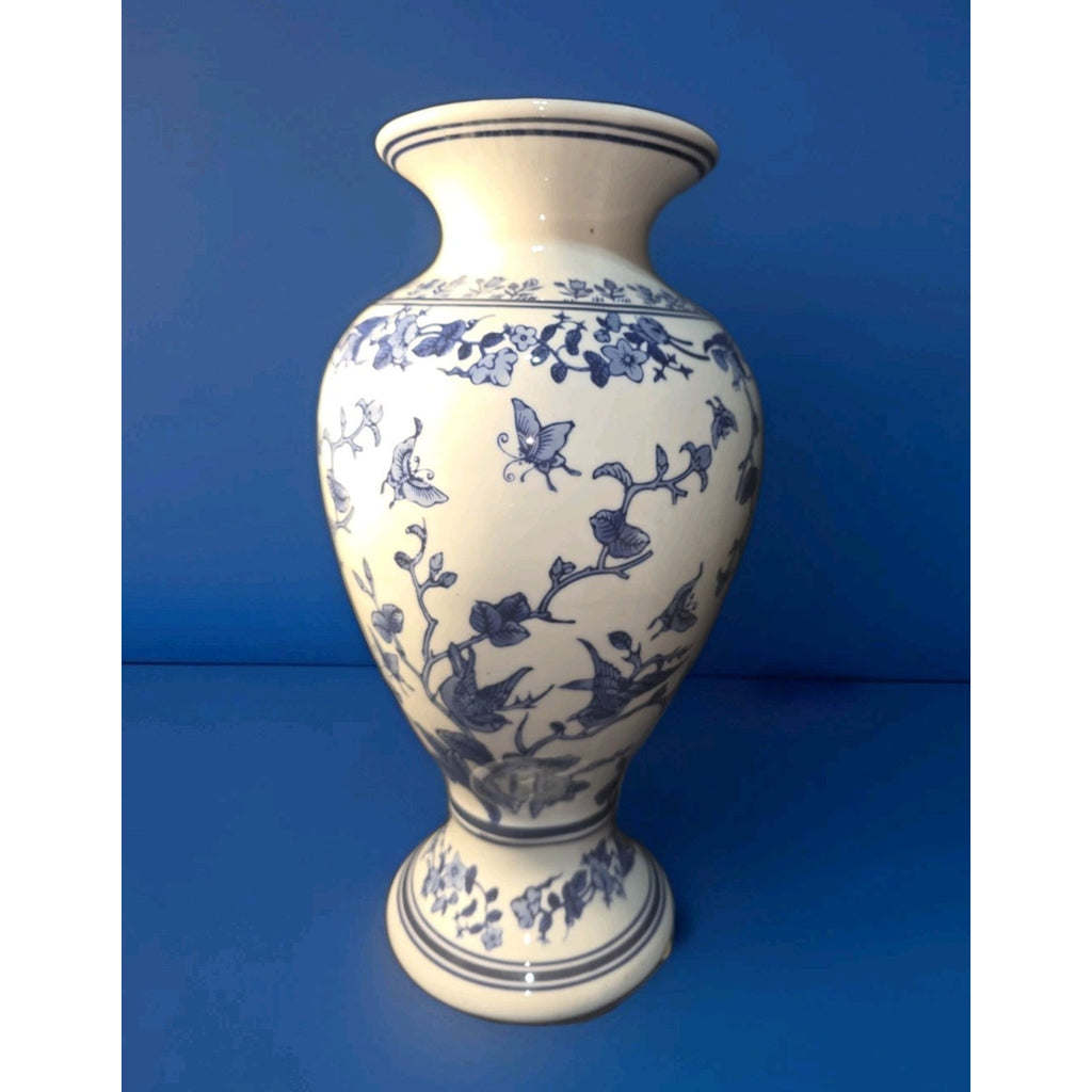 Chinese Blue White Vase Dechang Chinoiserie Porcelain Butterflies Birds 14"