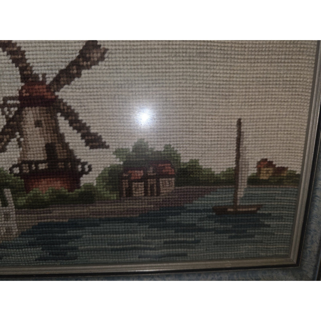 Vintage Needlepoint Framed Art Windmill Scene Dutch