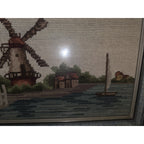 Vintage Needlepoint Framed Art Windmill Scene Dutch