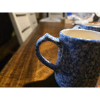 Vintage Pair Blue Spongeware Bamboo Handle Coffee Mug Stoneware Bird Maker Mark