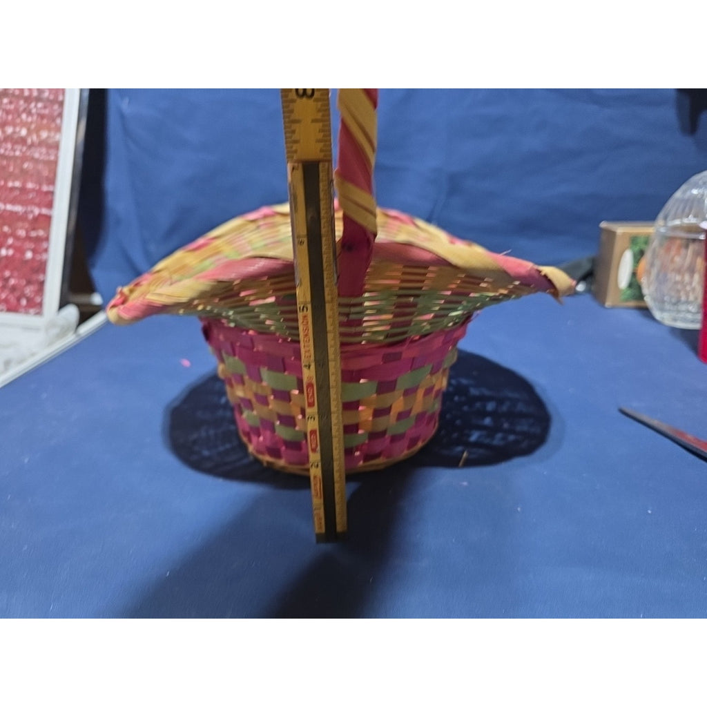 Vintage Large Easter Basket Handle Weaved Wicker Mexico Hand Woven Pink Green