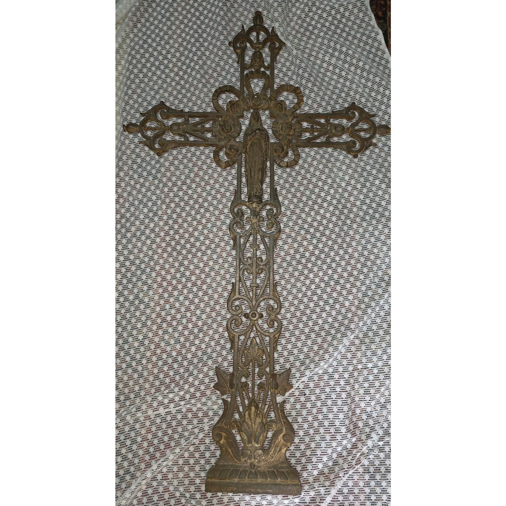 Antique French Style Cast Iron Cross Virgin Mary Lg Ornate Garden Church 42"X25"