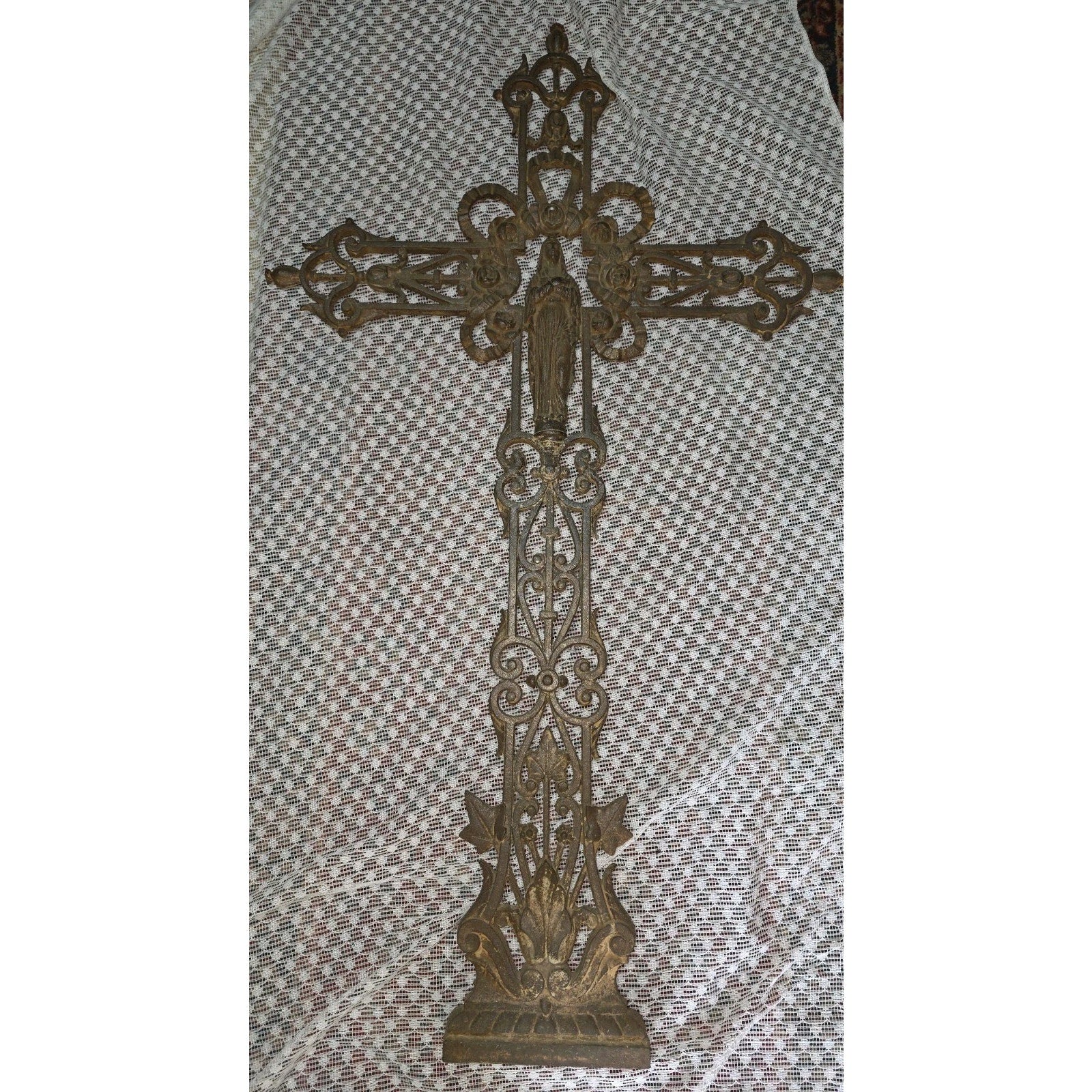 Antique French Style Cast Iron Cross Virgin Mary Lg Ornate Garden Church 42"X25"
