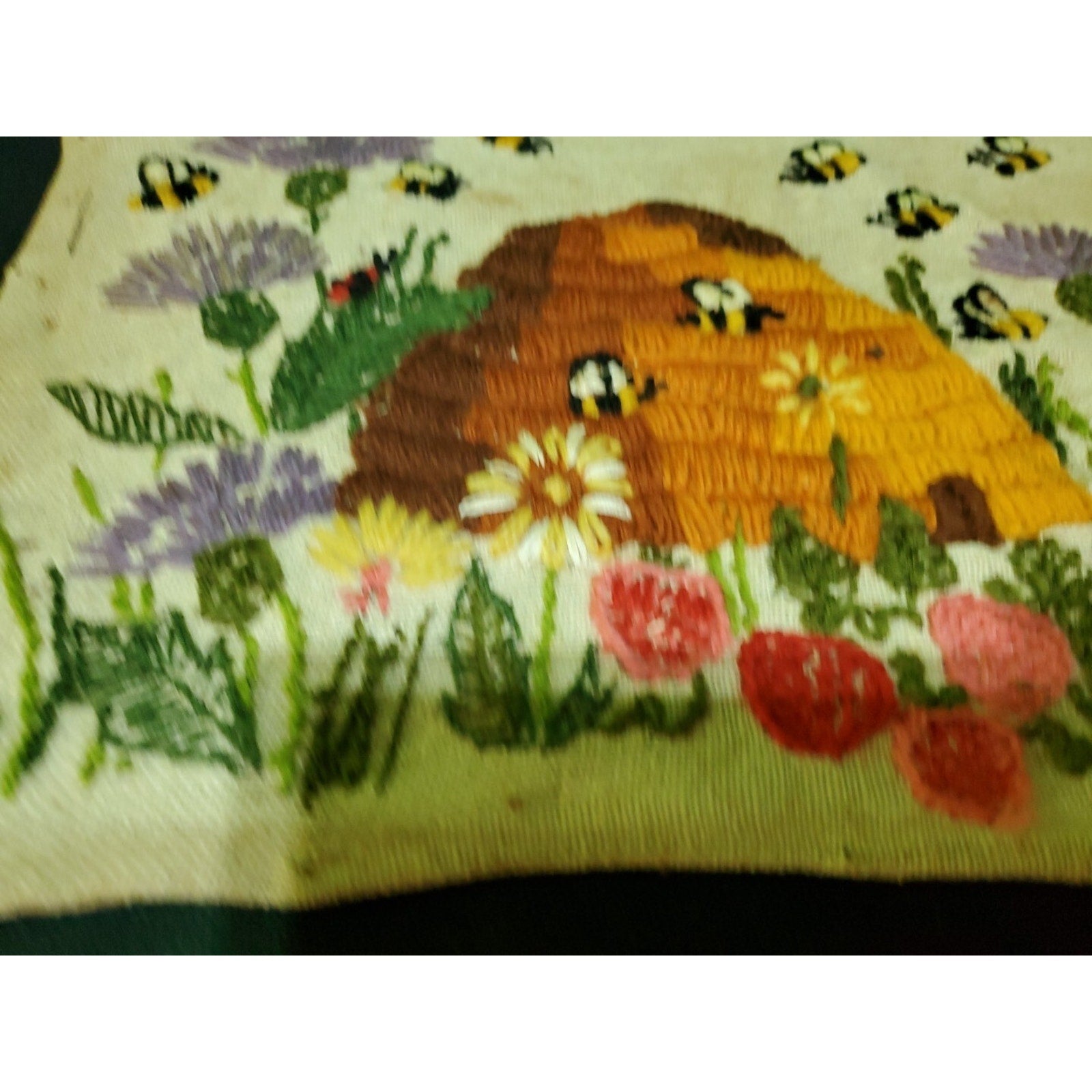 Antique Rug Hooking Tapestry Art Handmade Bees, Bugs Flowers 12.5X14.5