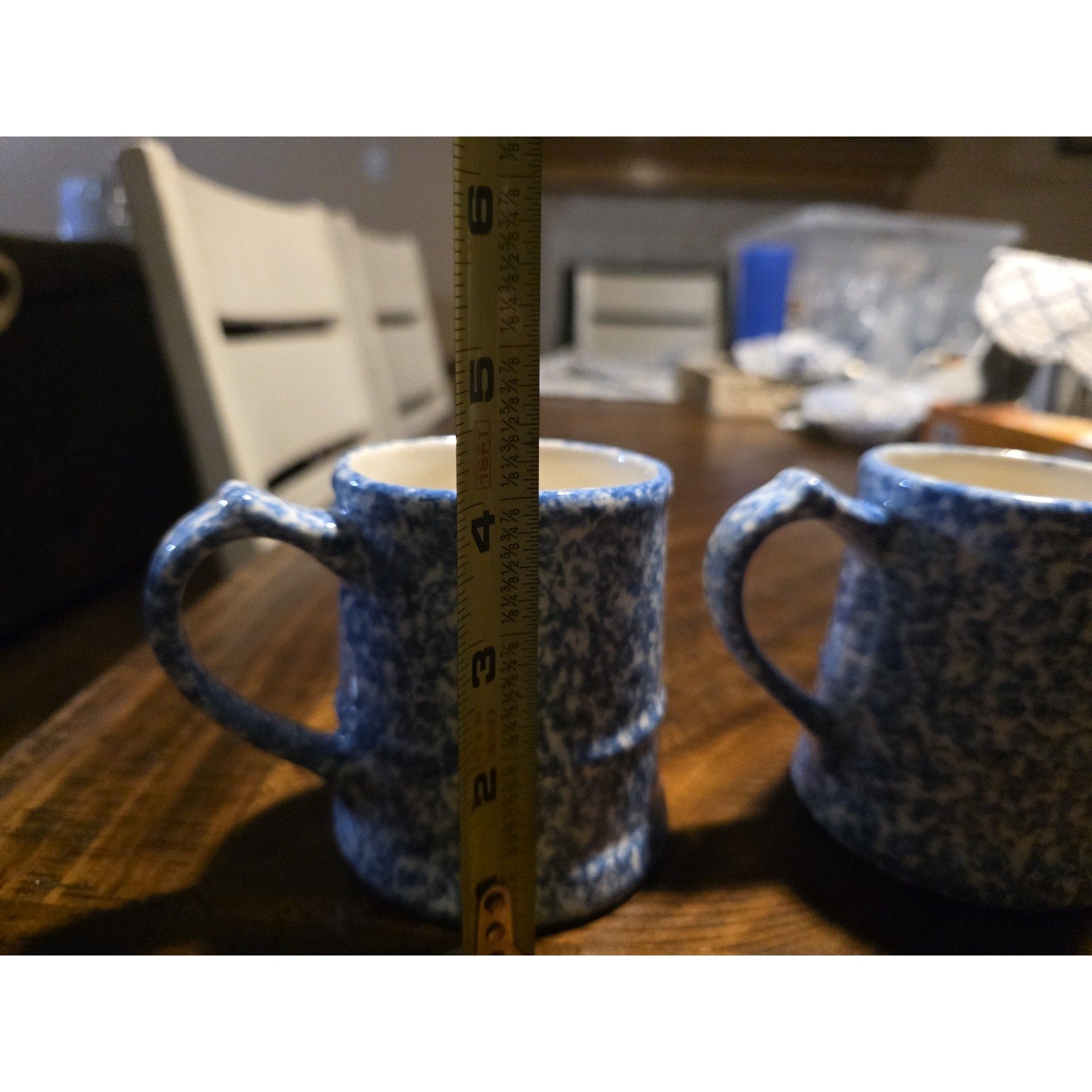 Vintage Pair Blue Spongeware Bamboo Handle Coffee Mug Stoneware Bird Maker Mark