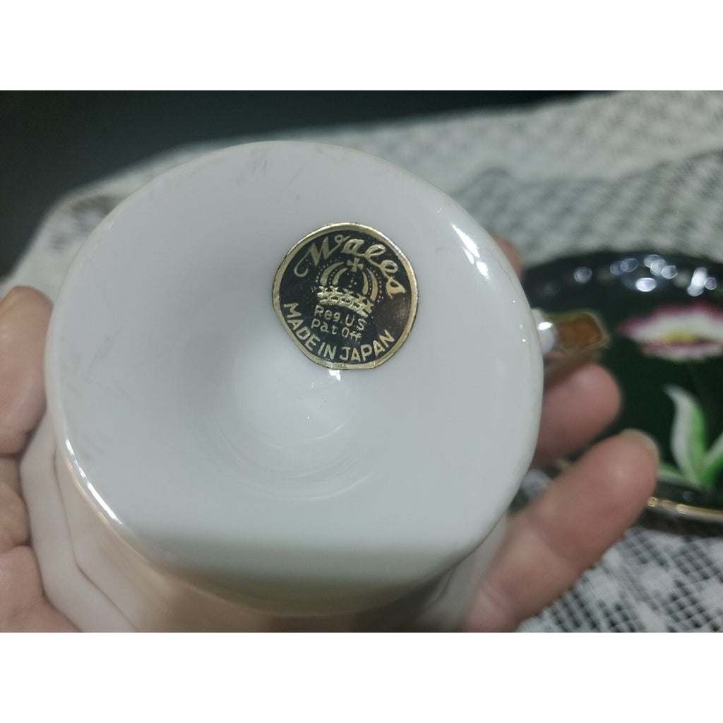 Vintage Wales Black Pink Orchid Pearlized Footed Teacup & Saucer Japan