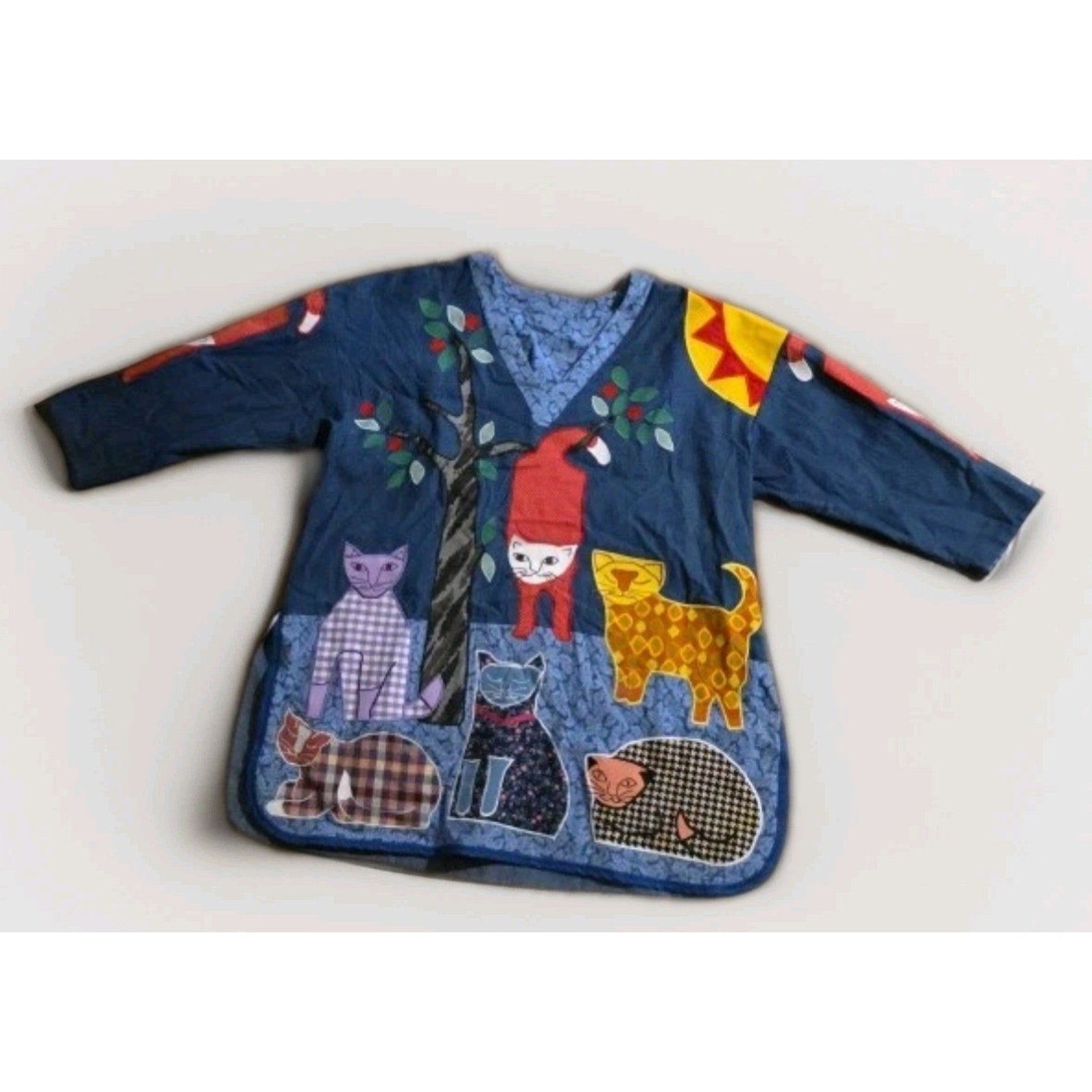 Vintage 70-80s Cat Patchwork Smock Top - XL - Boho Lagenlook Pullover