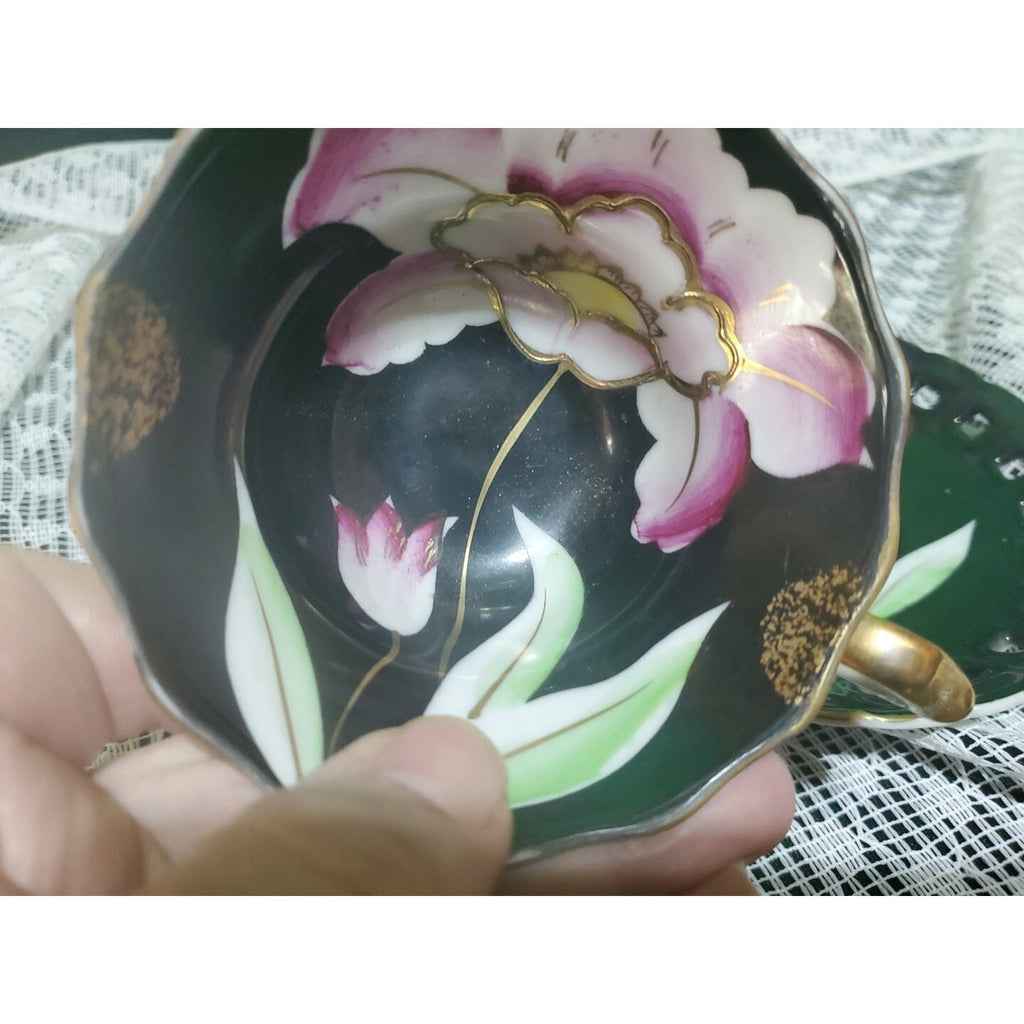 Vintage Wales Black Pink Orchid Pearlized Footed Teacup & Saucer Japan