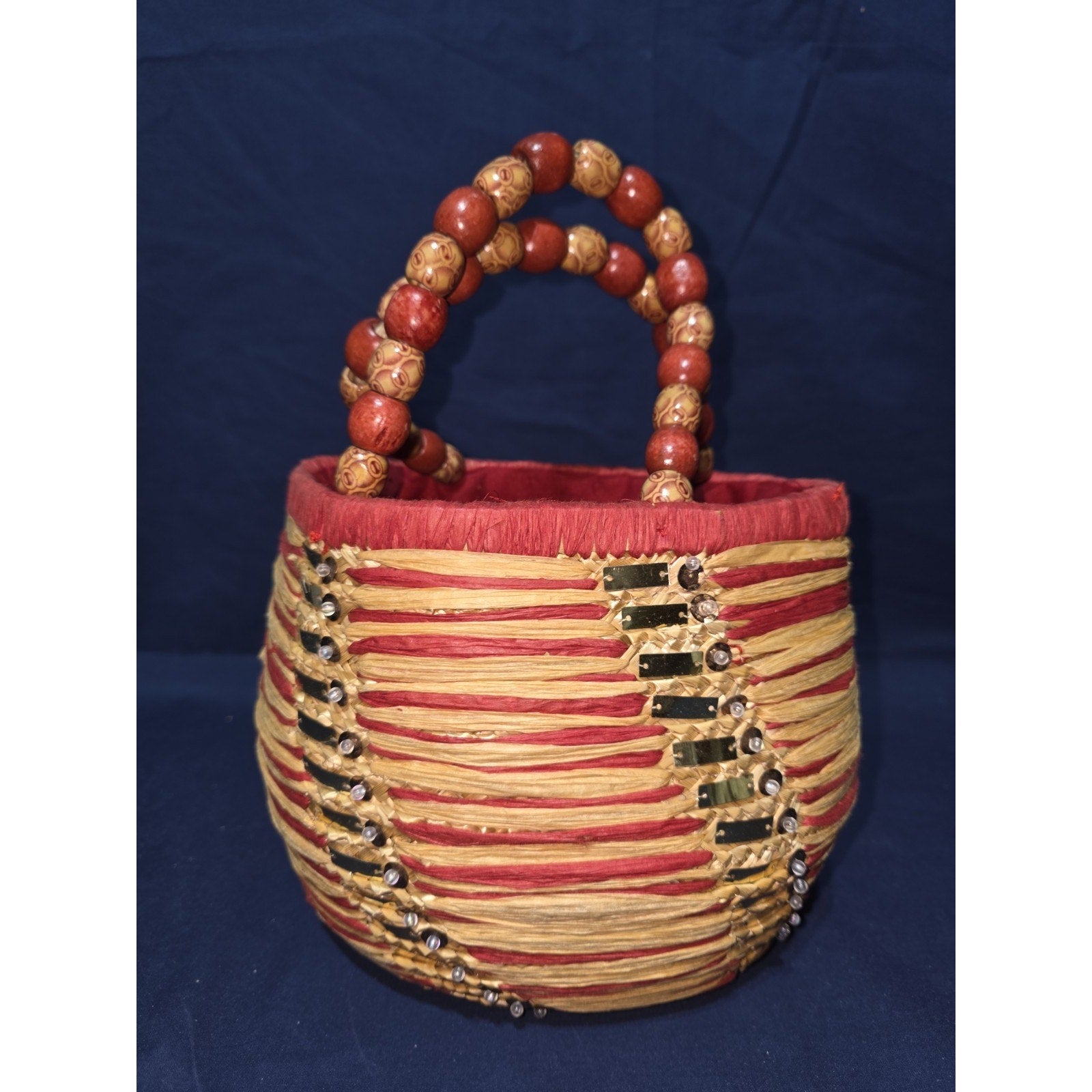 Vintage Boho Woven Straw Mini Handbag – Floral Sequin & Bead Accents