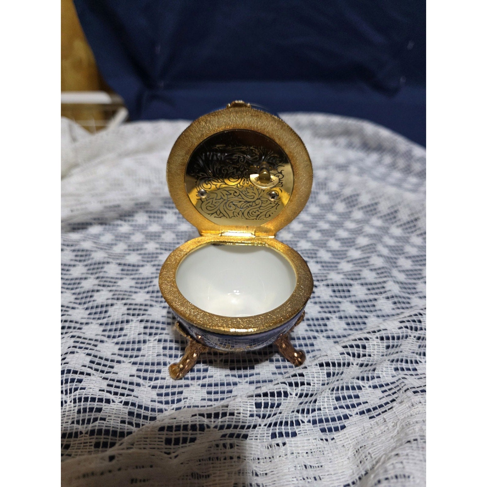 Vintage Cobalt Blue Egg Music Box Gold Tone Trim Hand Painted Footed