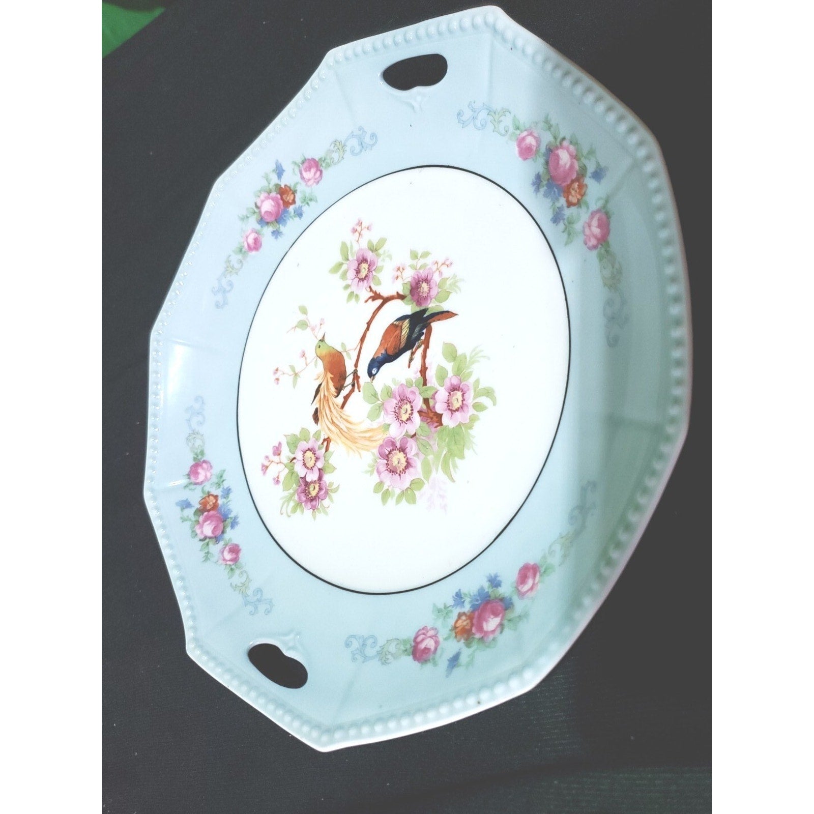 Germany PK Unity luster bird floral handled serving / Cake plate tray