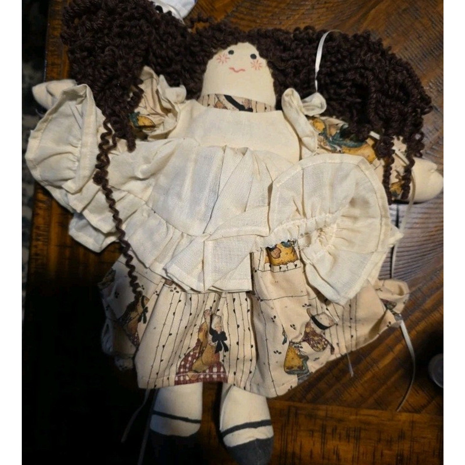 Vintage Handmade 14" Fabric Rag Doll With Long Brown Yarn Hair
