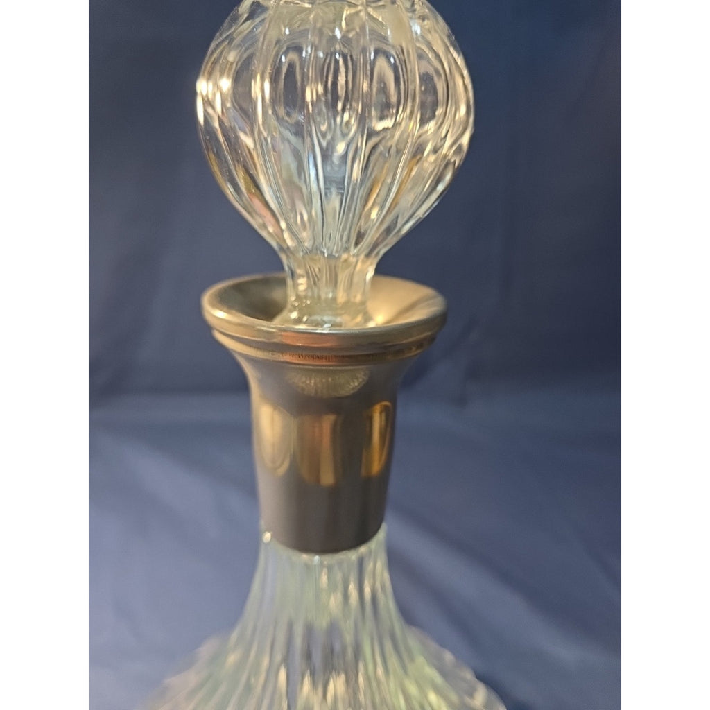 Vintage Ribbed Glass Wine/Liqueur Decanter With Stopper And Silverplate Collar