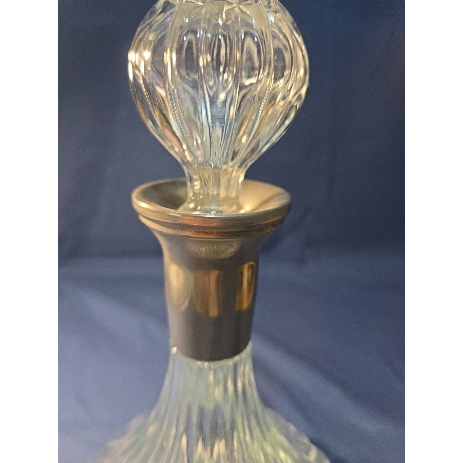 Vintage Ribbed Glass Wine/Liqueur Decanter With Stopper And Silverplate Collar