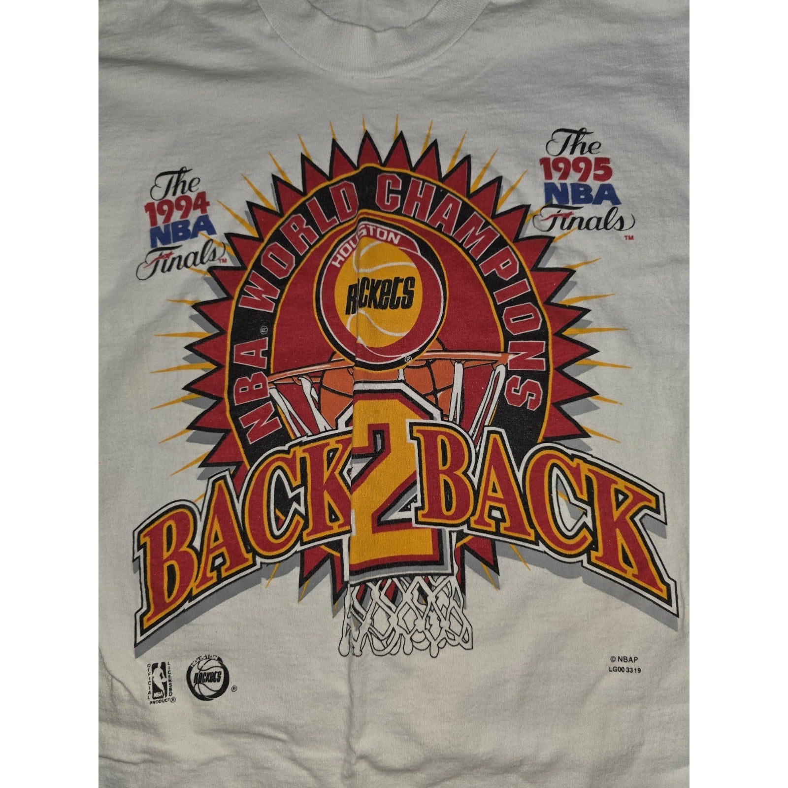RARE Vtg Houston Rockets 1995 Back to Back NBA Champions Shirt SINGLE STITCH Lg