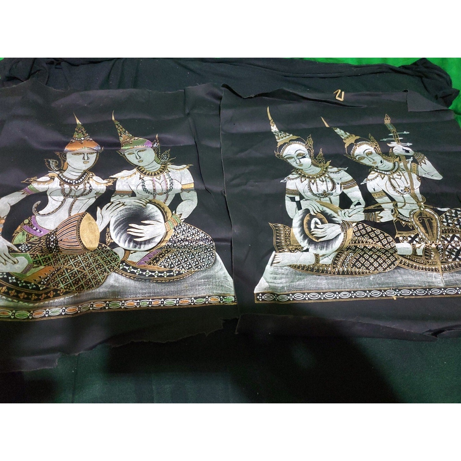 Set Of 2 Vintage Bali Hindu goddesses Ganesh & Saraswati painting on silk