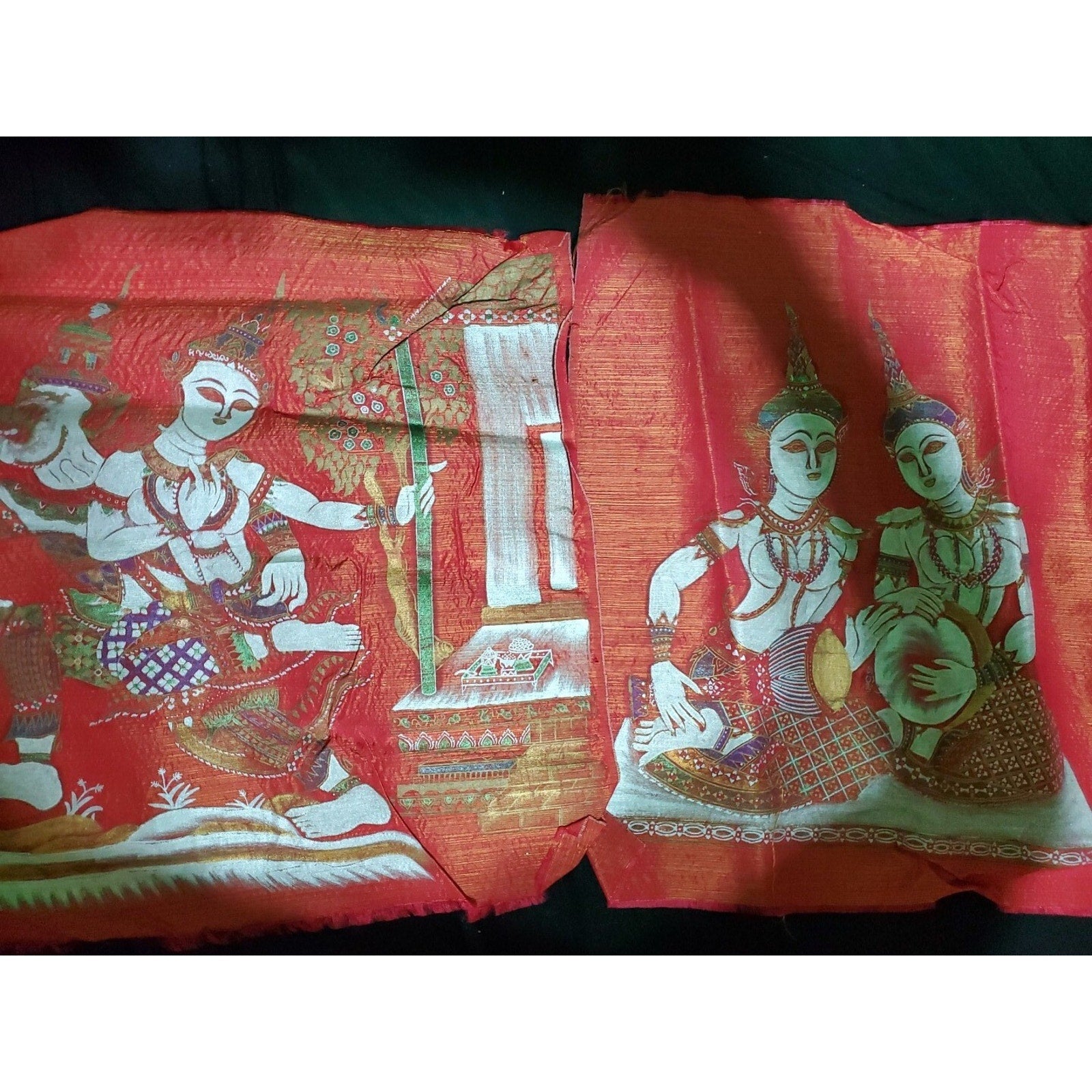Set Of 2 Vintage Bali Hindu goddesses Ganesh & Saraswati painting on silk