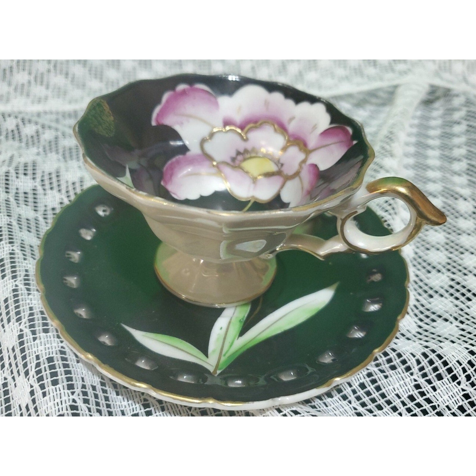 Vintage Wales Black Pink Orchid Pearlized Footed Teacup & Saucer Japan