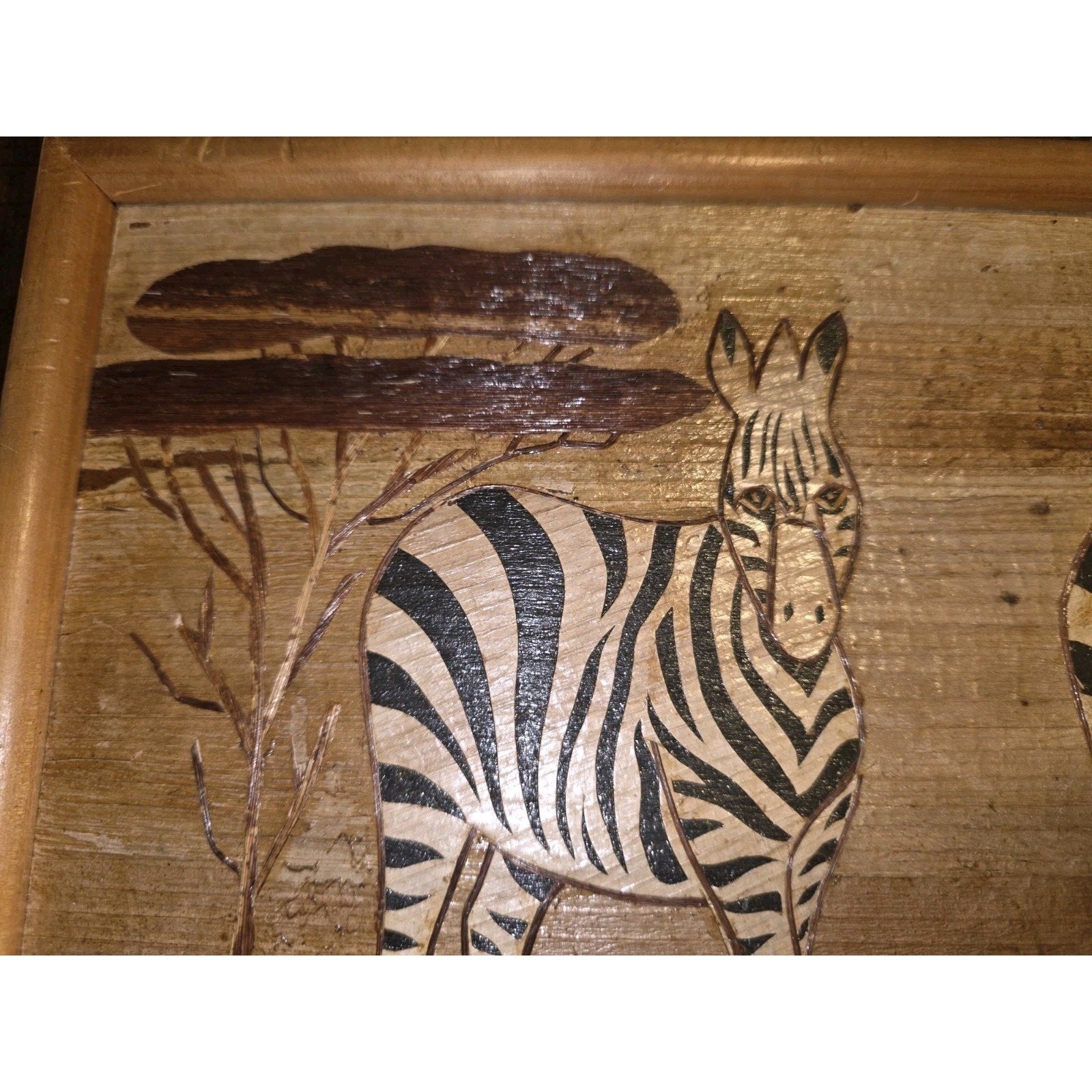 Vintage African Banana Leaf Mosaic Art Framed Zebra Folk Art Mid Century Kenya