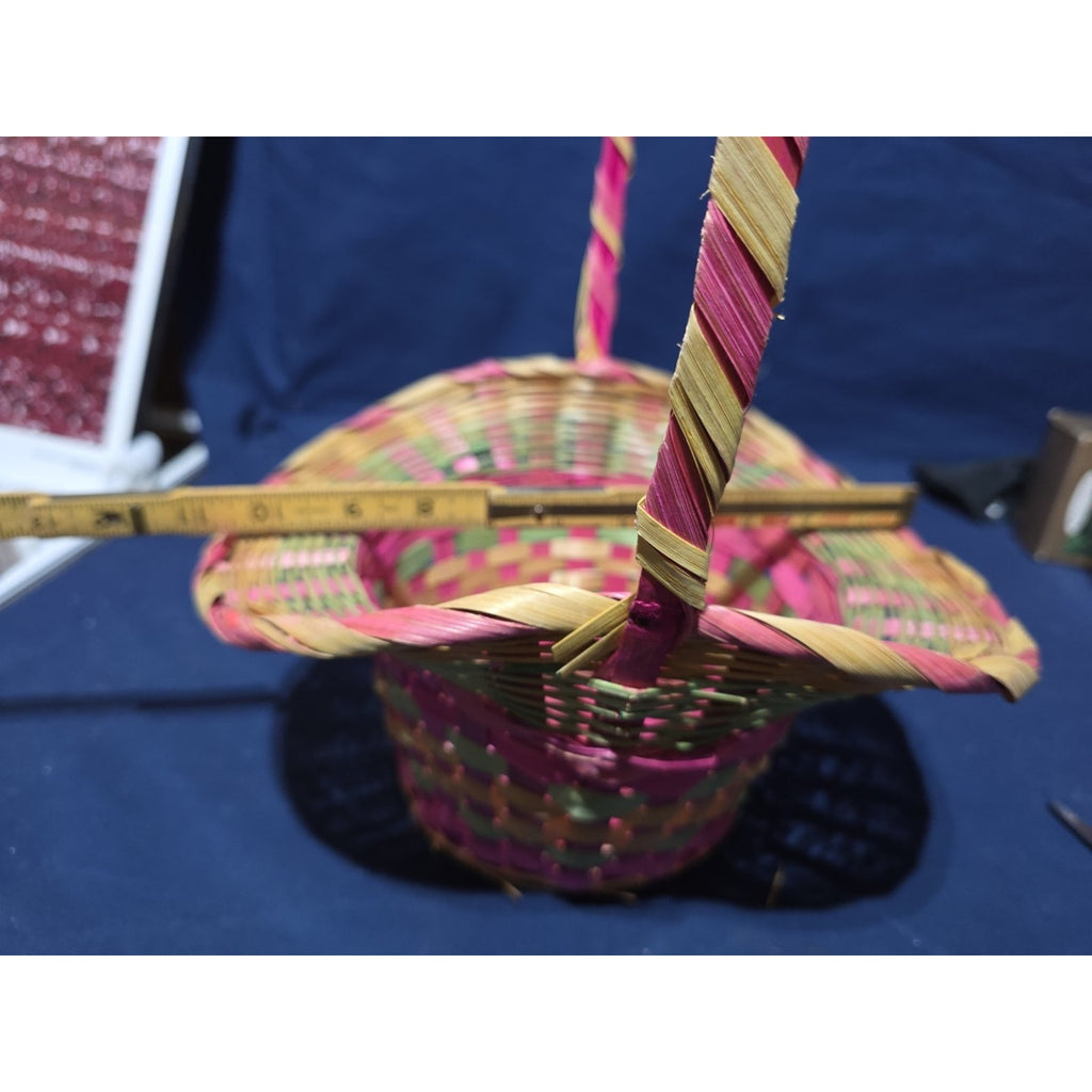 Vintage Large Easter Basket Handle Weaved Wicker Mexico Hand Woven Pink Green
