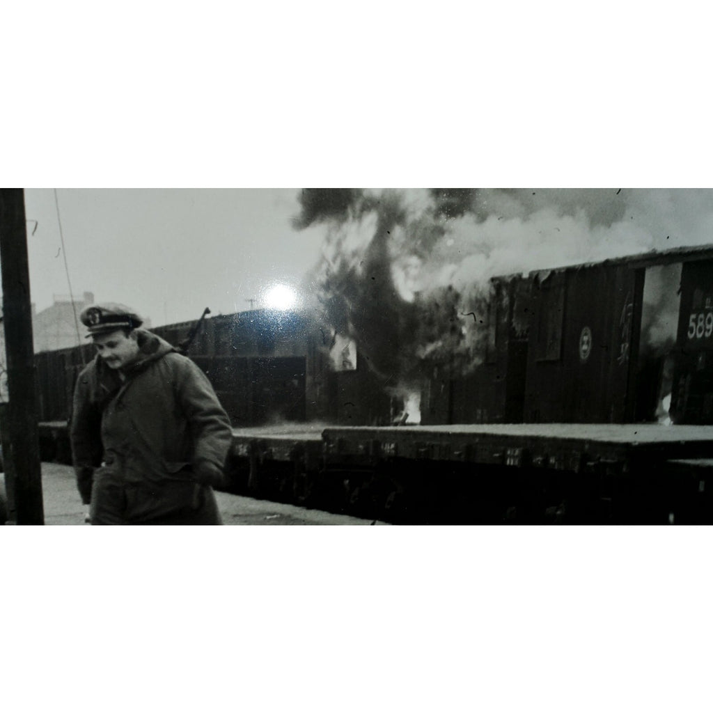 Vintage Rare 1950"s Photo Korean War intelligence Officer W/ Burning Train ORIG