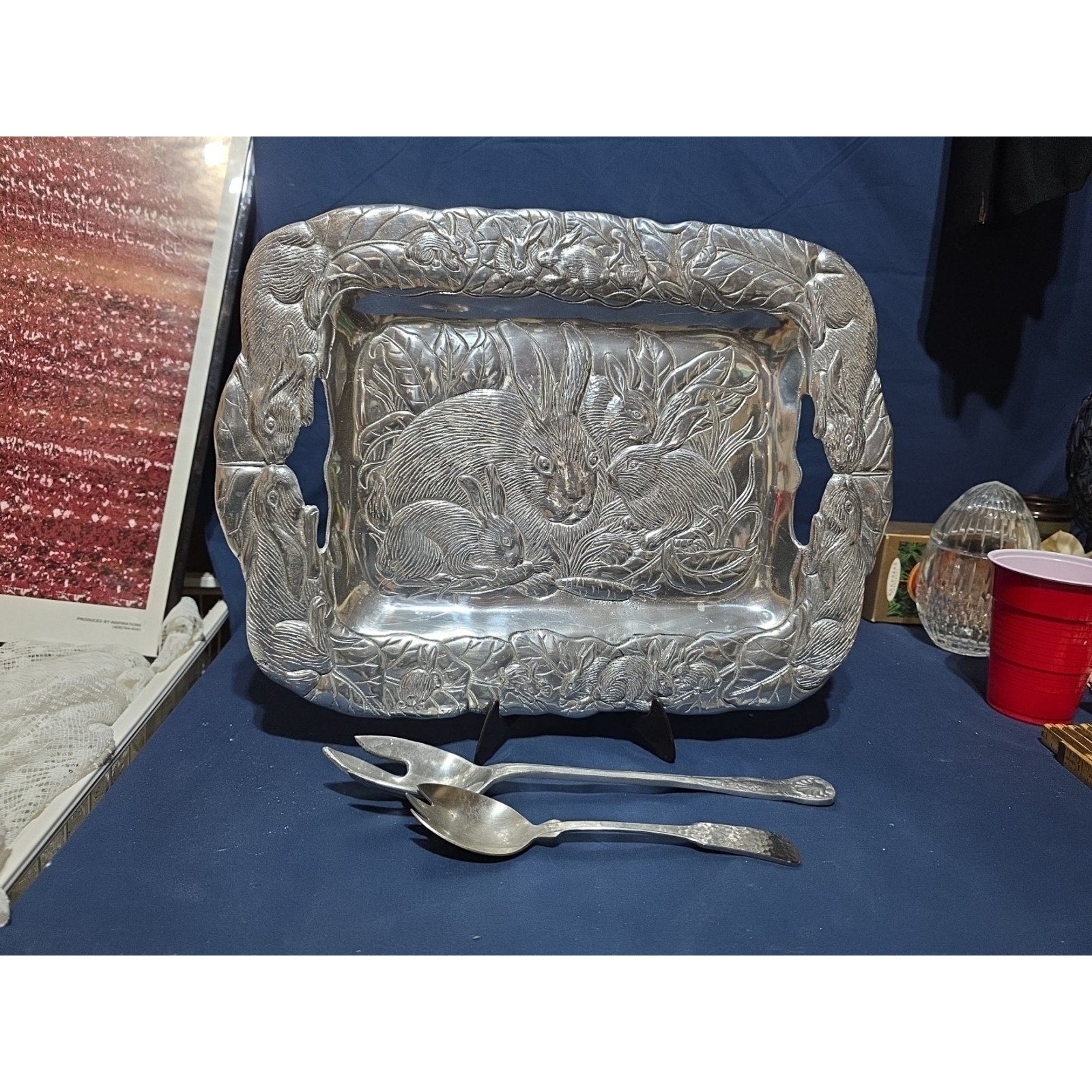 Arthur Court Embossed Bunny Rabbit Tray Platter 18.25 x 13.5 in Aluminum 1985