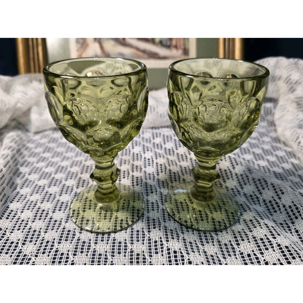 Vintage Imperial Glass Provincial Green Thumbprint Water Goblet Set of 2
