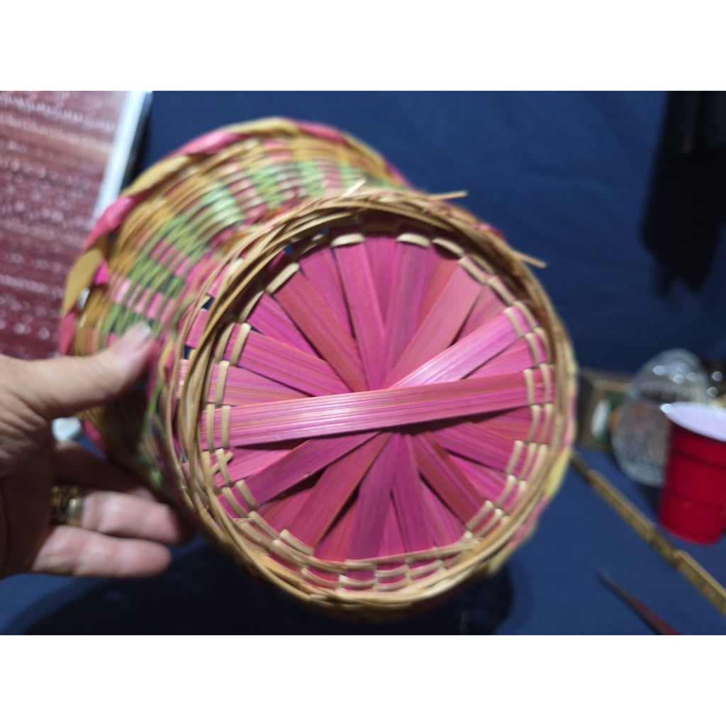 Vintage Large Easter Basket Handle Weaved Wicker Mexico Hand Woven Pink Green