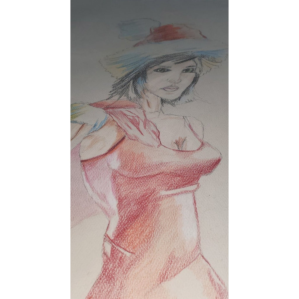 Original Art Colored Pencil Ske Woman Santa Artist Unknown. 18x24