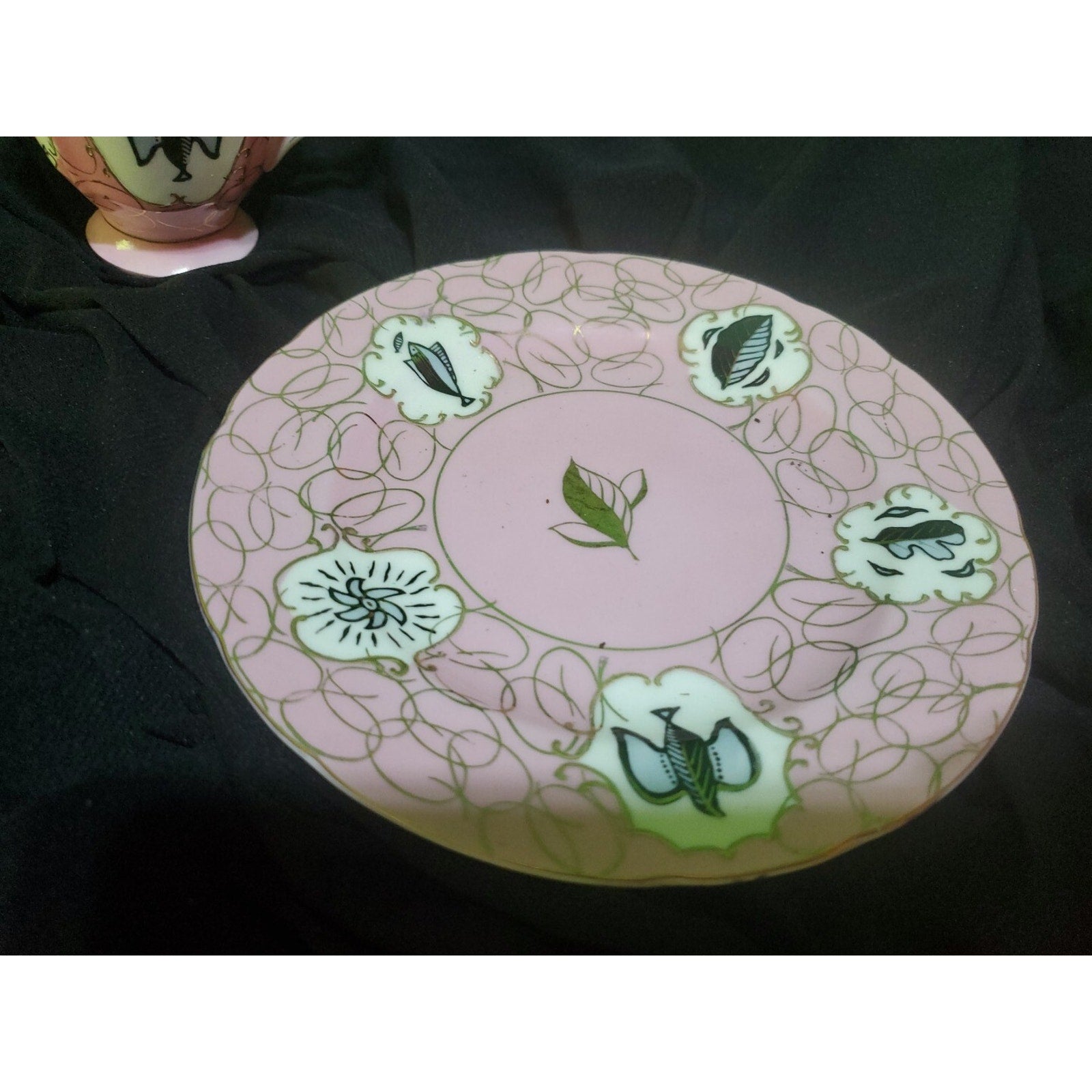 Vintage Rare Norcrest China Dove Fish Teacup W/ 2 Saucers Set Pink Leaf