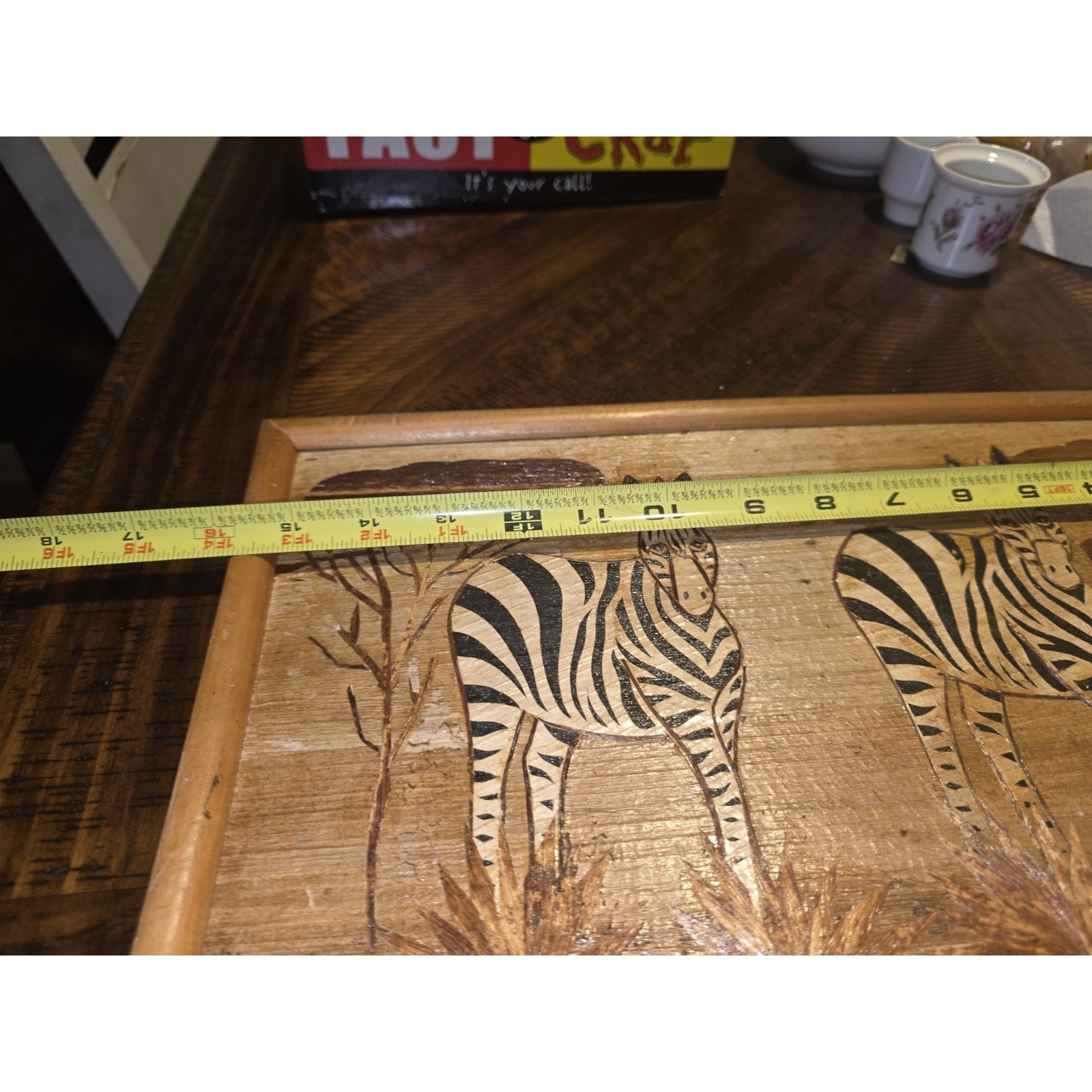 Vintage African Banana Leaf Mosaic Art Framed Zebra Folk Art Mid Century Kenya