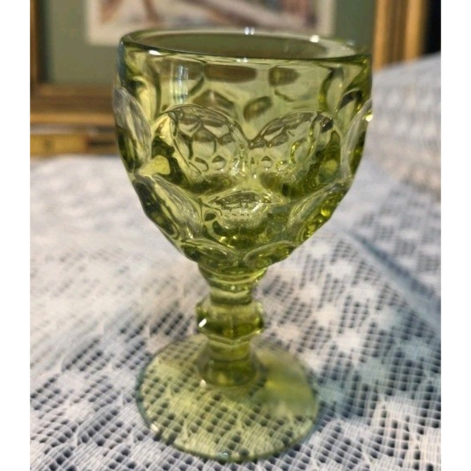 Vintage Avocado Green Glass Cordial Glass Thumbprint Kings Crown Pattern 4.5"