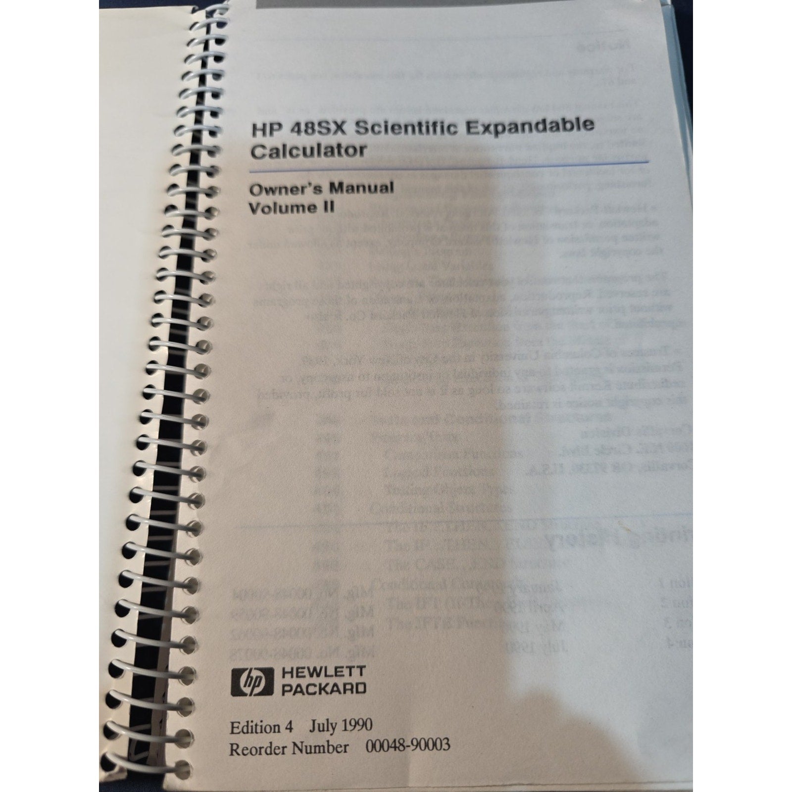 HP 48SX Scientific Expandable Owner's Manual Vol. I & Vol. 2 4th Edition 1990