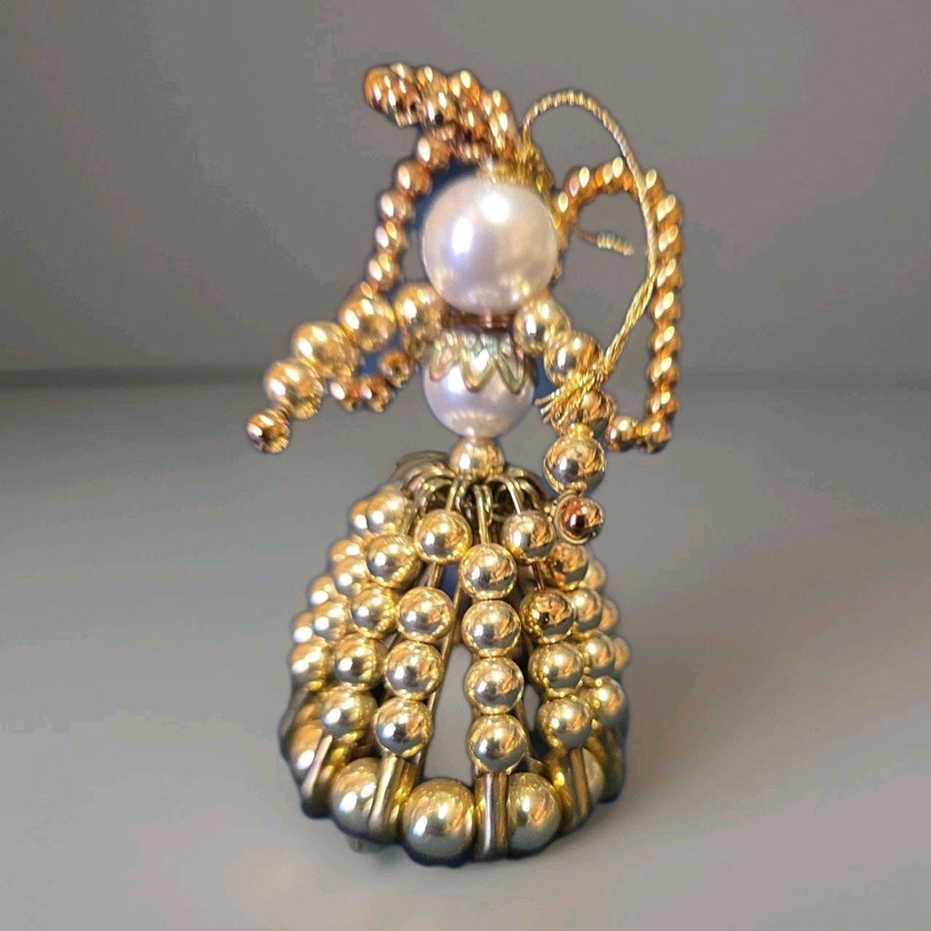 Vtg Set of 3 Beaded Safety Pin Art Angel Ornament Gold Handmade Christmas Decor