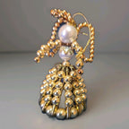 Vtg Set of 3 Beaded Safety Pin Art Angel Ornament Gold Handmade Christmas Decor