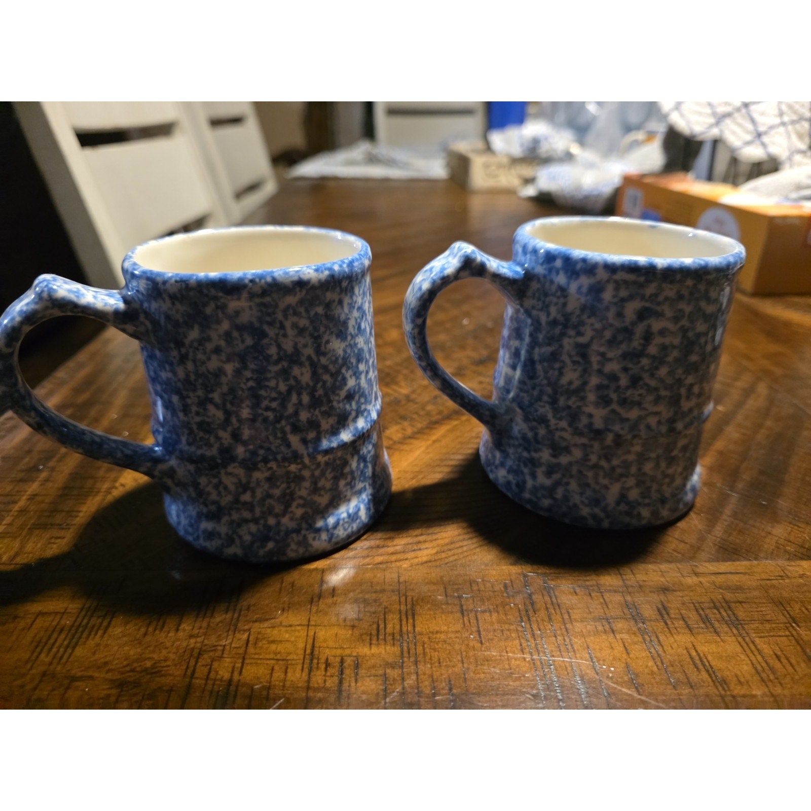 Vintage Pair Blue Spongeware Bamboo Handle Coffee Mug Stoneware Bird Maker Mark