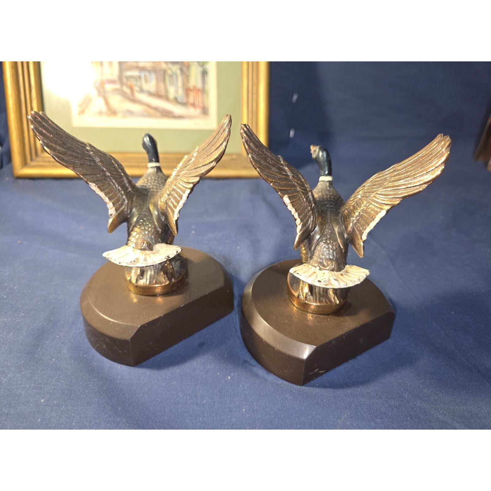 Vintage Solid Brass Mallard Duck Bookends Pair MCM Heavy Flying Waterfowl Decor
