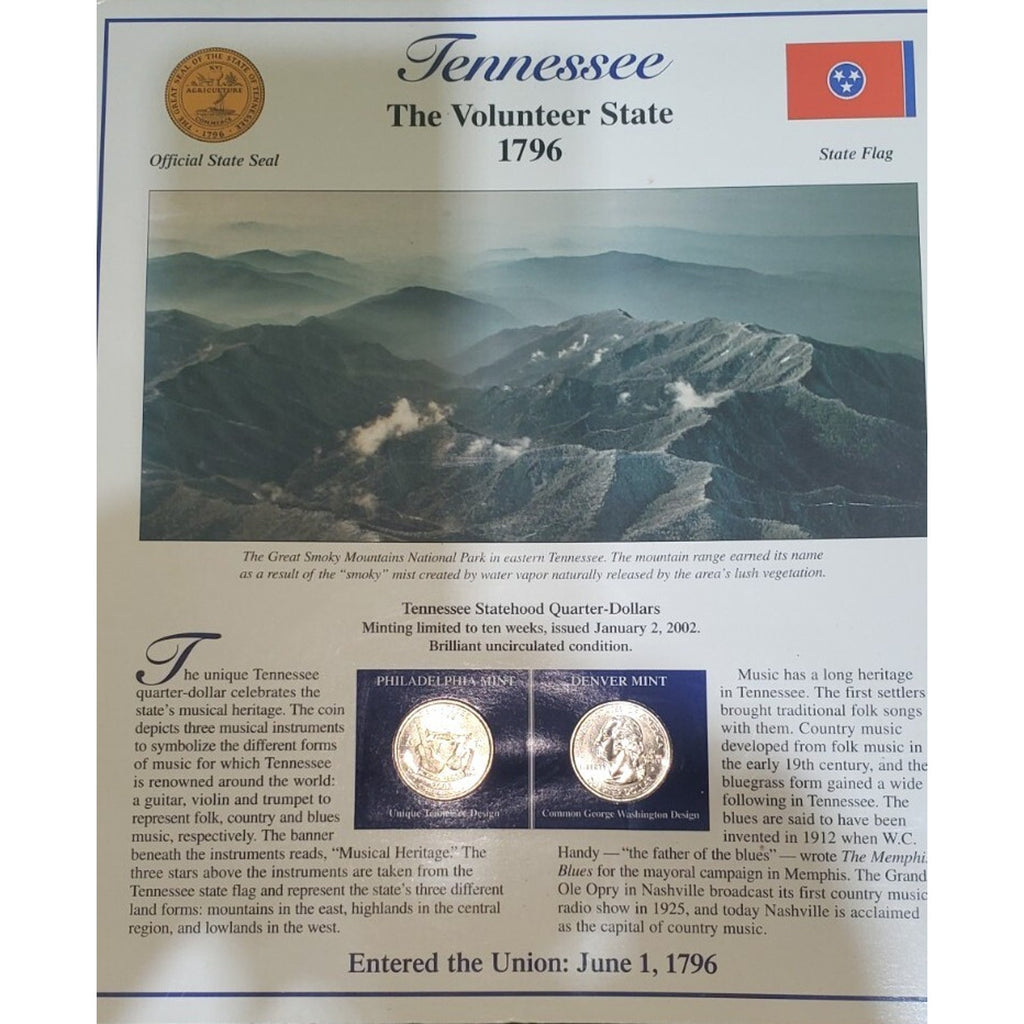 Tennessee Uncirculated Quarters Stamps Collection Card The Volunteer State 1796