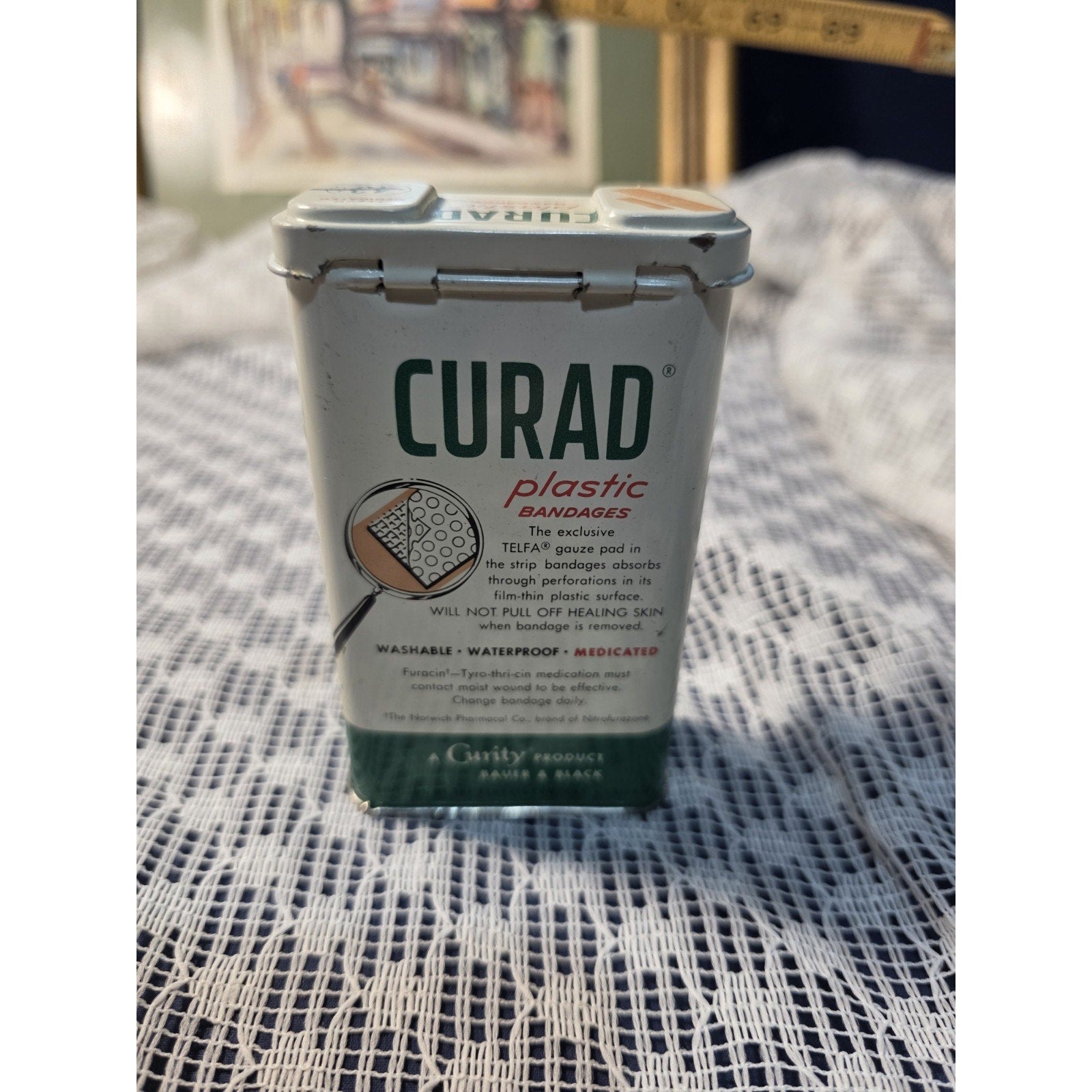 Vintage Curity Curad Tin Medicated Bandages 43 cent Embossed Tin W/ bandages