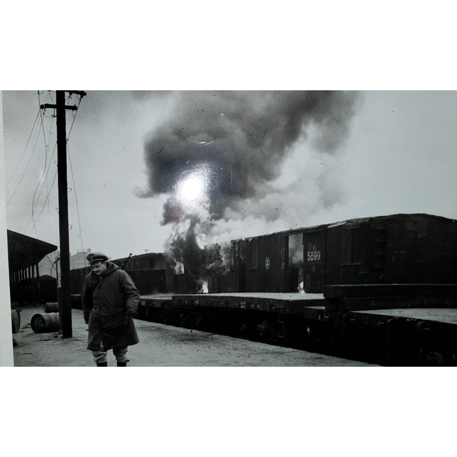 Vintage Rare 1950"s Photo Korean War intelligence Officer W/ Burning Train ORIG