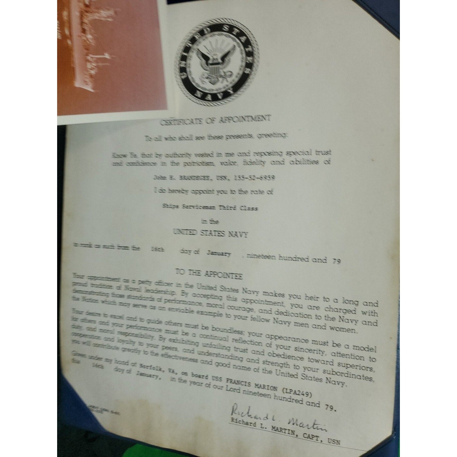 USS Francis Marion LPA-249 APA US Navy Original 8x10 Photo With Cert. Of Appt.
