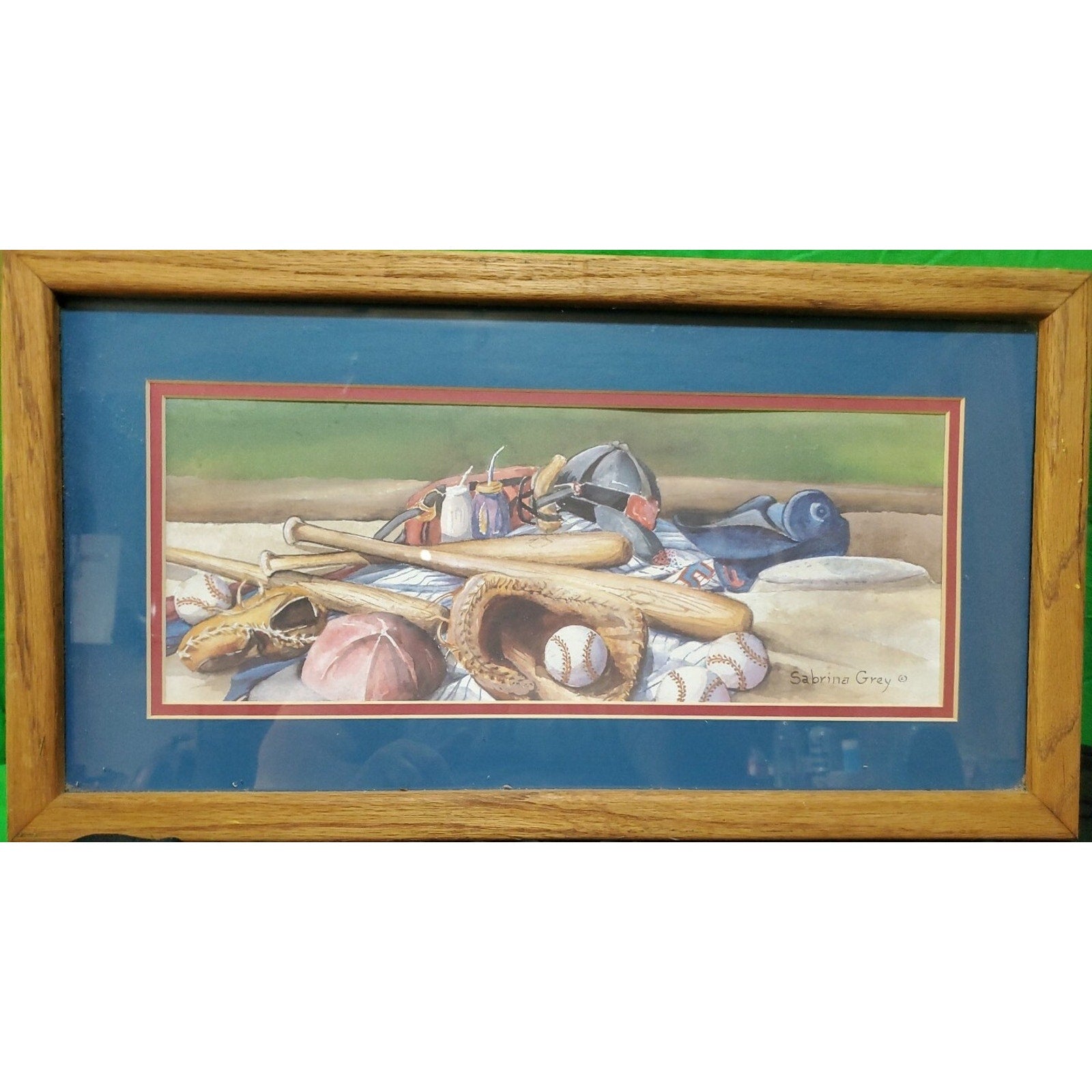 Wood Picture Framed Artwork Baseball Sabrina Grey Print Matted Picture 20X10.5