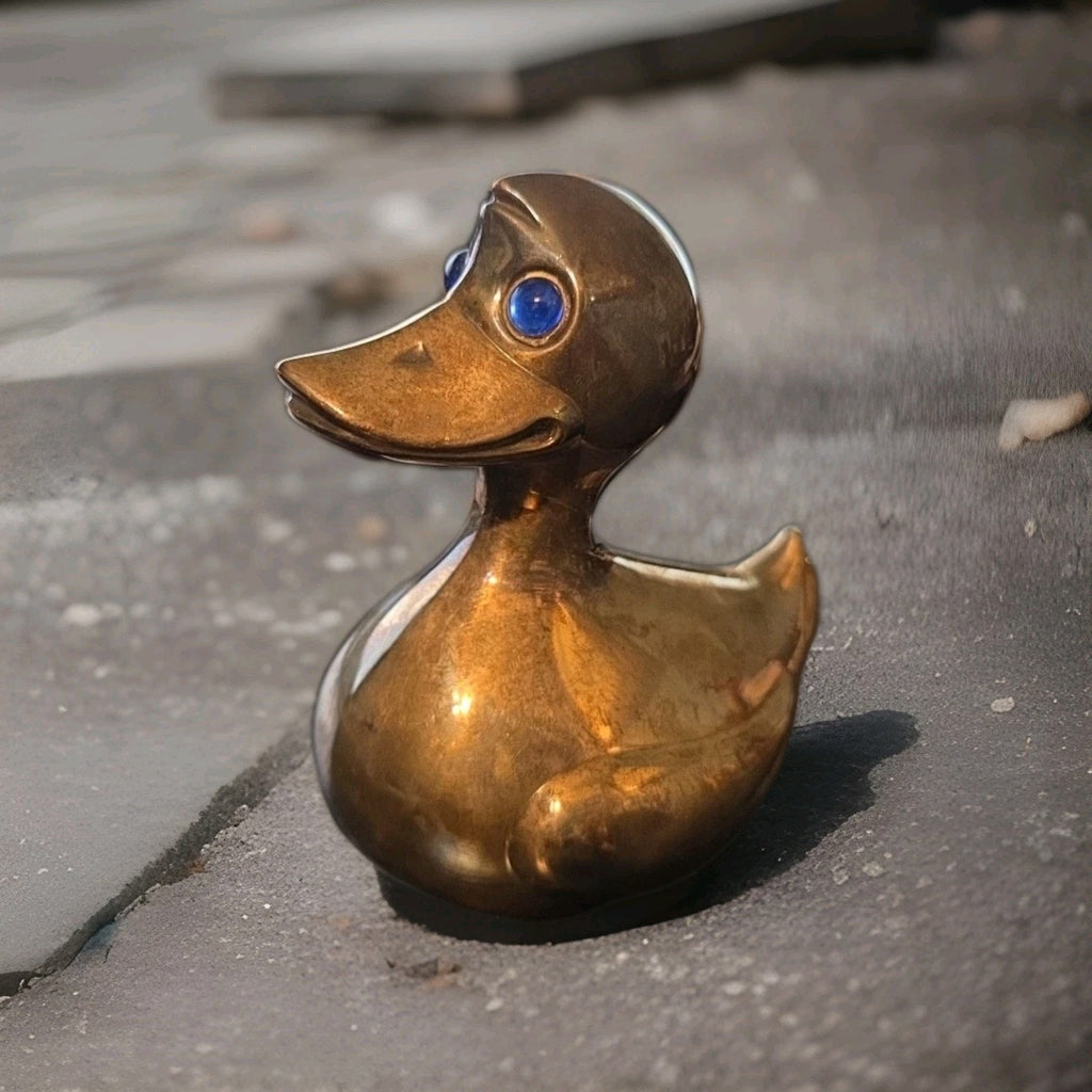 Vtg Metal Coin Bank Duck Denmark No Key Silver Plated Cobalt Blue Glass Eyes