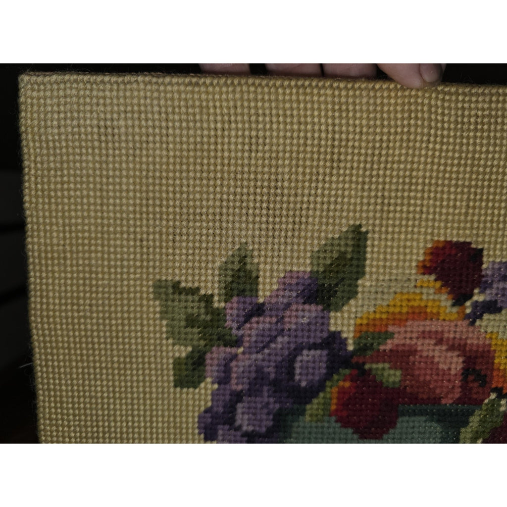 Vtg Needlepoint Fruit Bowl Floral Still Life Finished Hand Embroidered UNFRAMED